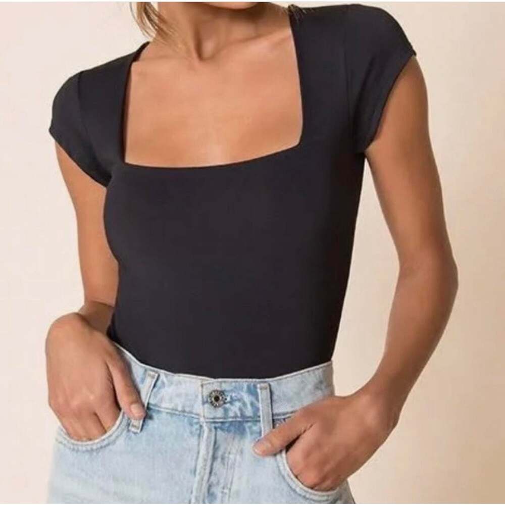 Free People Square Eyes Bodysuit Black Size Small Square Neck Short Sleeve EUC